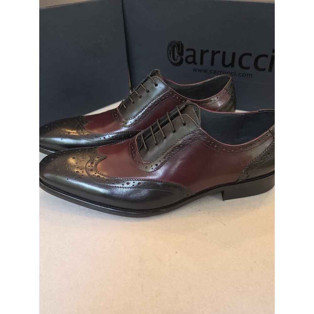 Carrucci Wingtip Oxford Full Brogue Mens Dress Leather Shoes Black/Burgundy 10.5